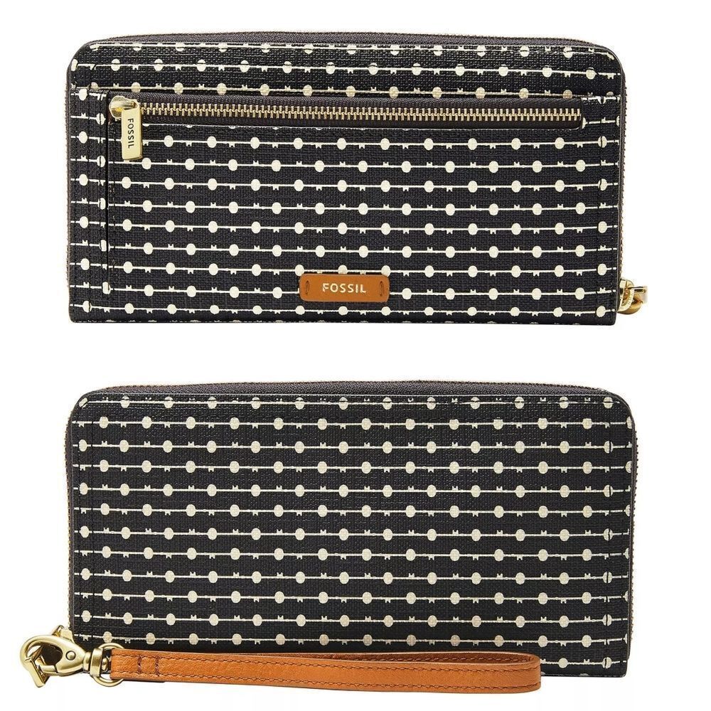 New! FOSSIL Logan RFID Wallet Zip Around Clutch Wristlet Strap Black Stripe